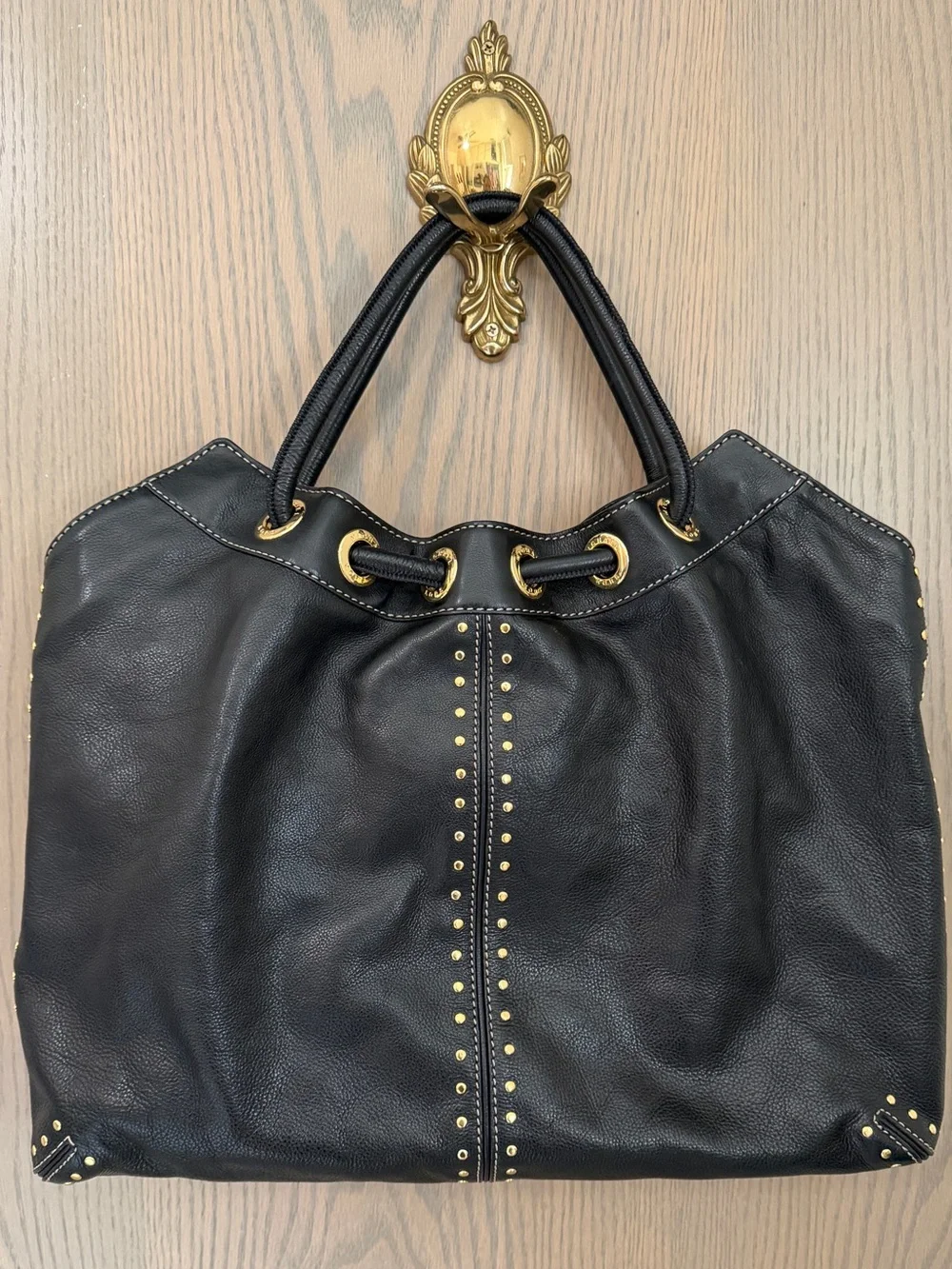 Michael Kors Black Leather Tote with Gold Stud Accents